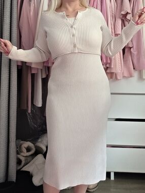 GU Ribbed Knit Cardigan and Midi Dress in Cream Size S